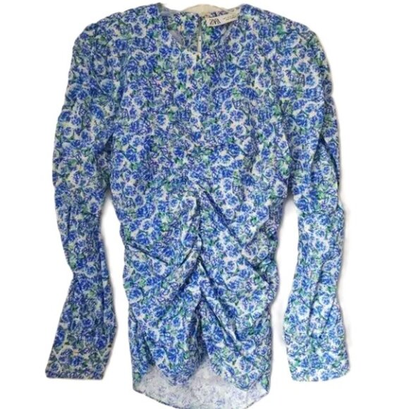 ZARA Floral Long Sleeve Top Blouse Artsy Ruched Design Blue & Green Fall Winter - Picture 1 of 7